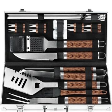 Portable BBQ grill tool set with wooden handles in a metal case.