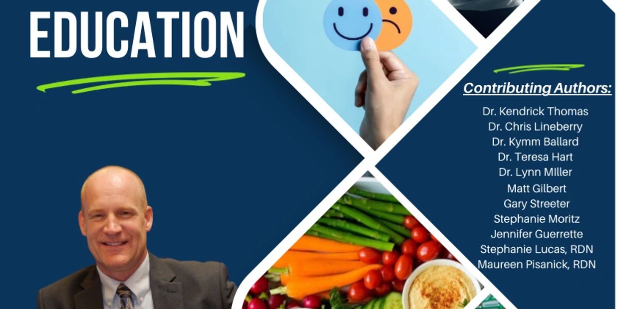Collage with a smiling man, healthy food, and a happy-sad face illustration under the theme Education.