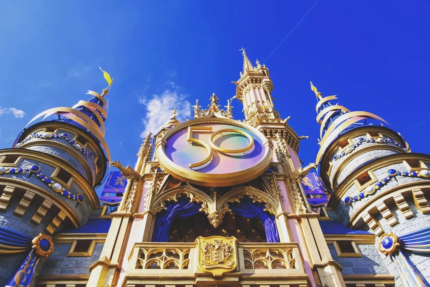 Front of Cinderella Castle decorated for Walt Disney World's 50th Anniversary Celebration