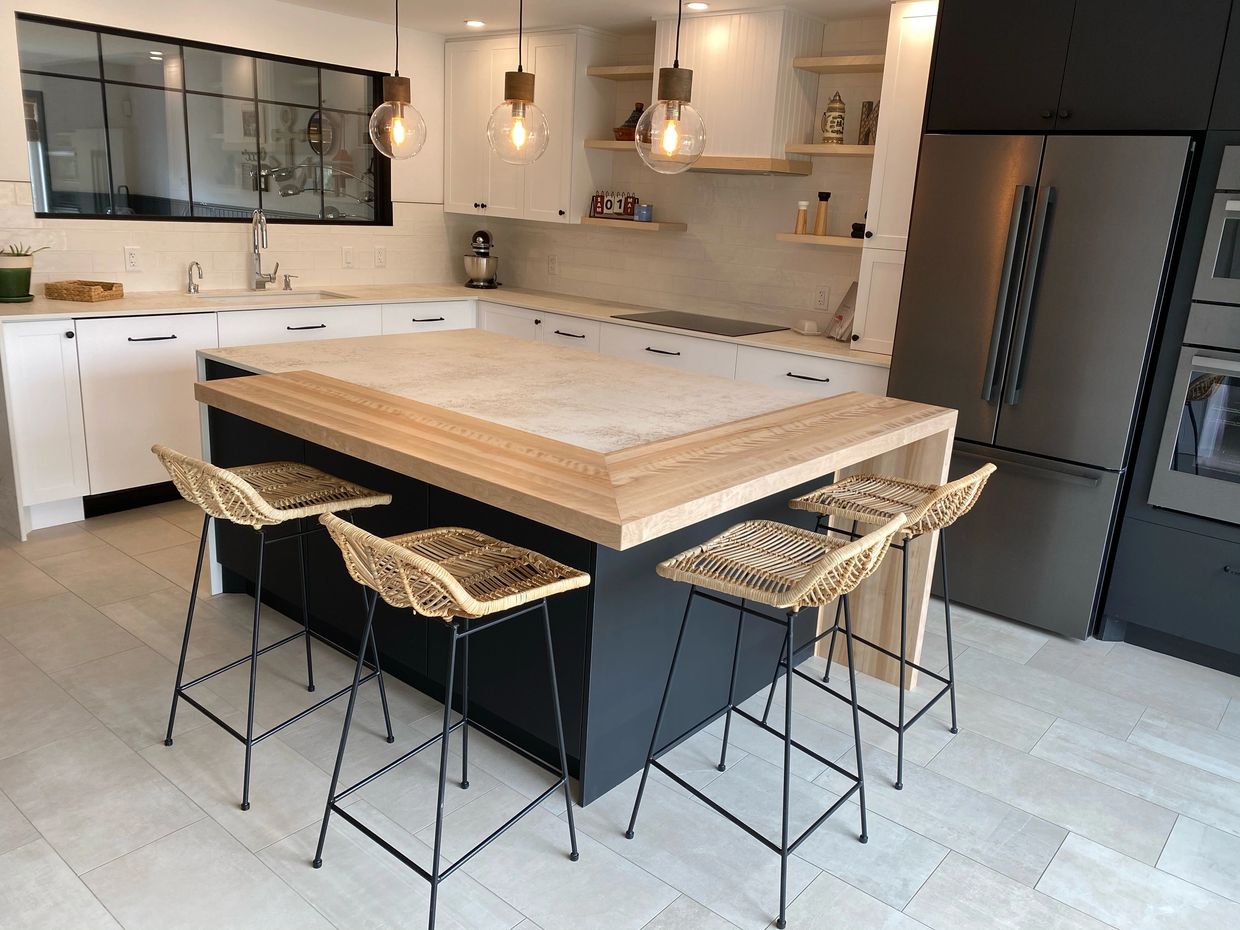Kitchen remodel renovation industrial black and white wood tones and cosentino nilium dekton 