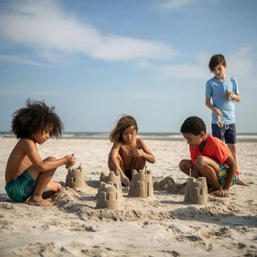 Four children building sandcastles together on a sunny beach day.