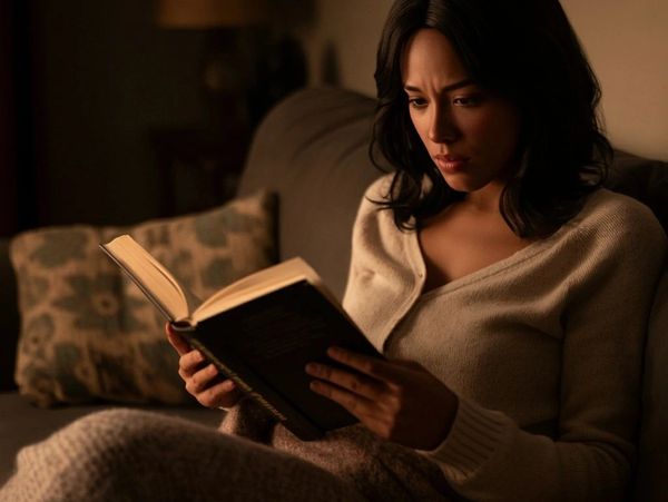A woman intently reading a book on a cozy couch.