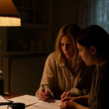 Two women intensely reviewing documents at a dimly lit table.