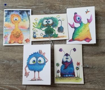 yellow green blue purple and rainbow monster cards - watercolor