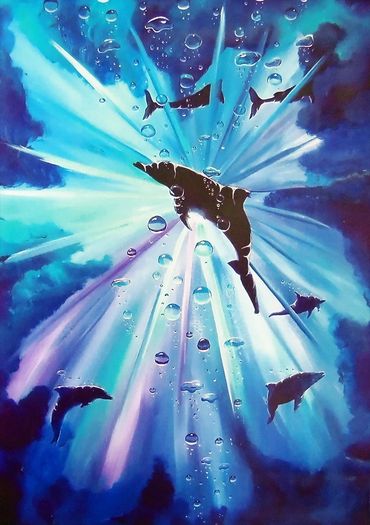 Silhouettes of dolphins under water acrylic painting.
