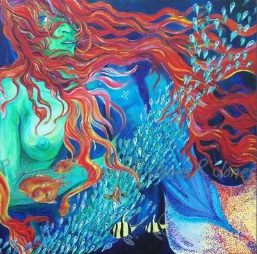 mermaid sitting with school of fish, red hair