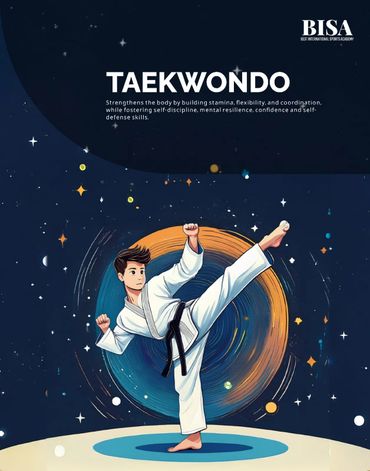 Illustration of a young martial artist performing a high kick in a cosmic background.