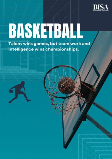 Basketball poster highlighting teamwork and intelligence for winning championships.