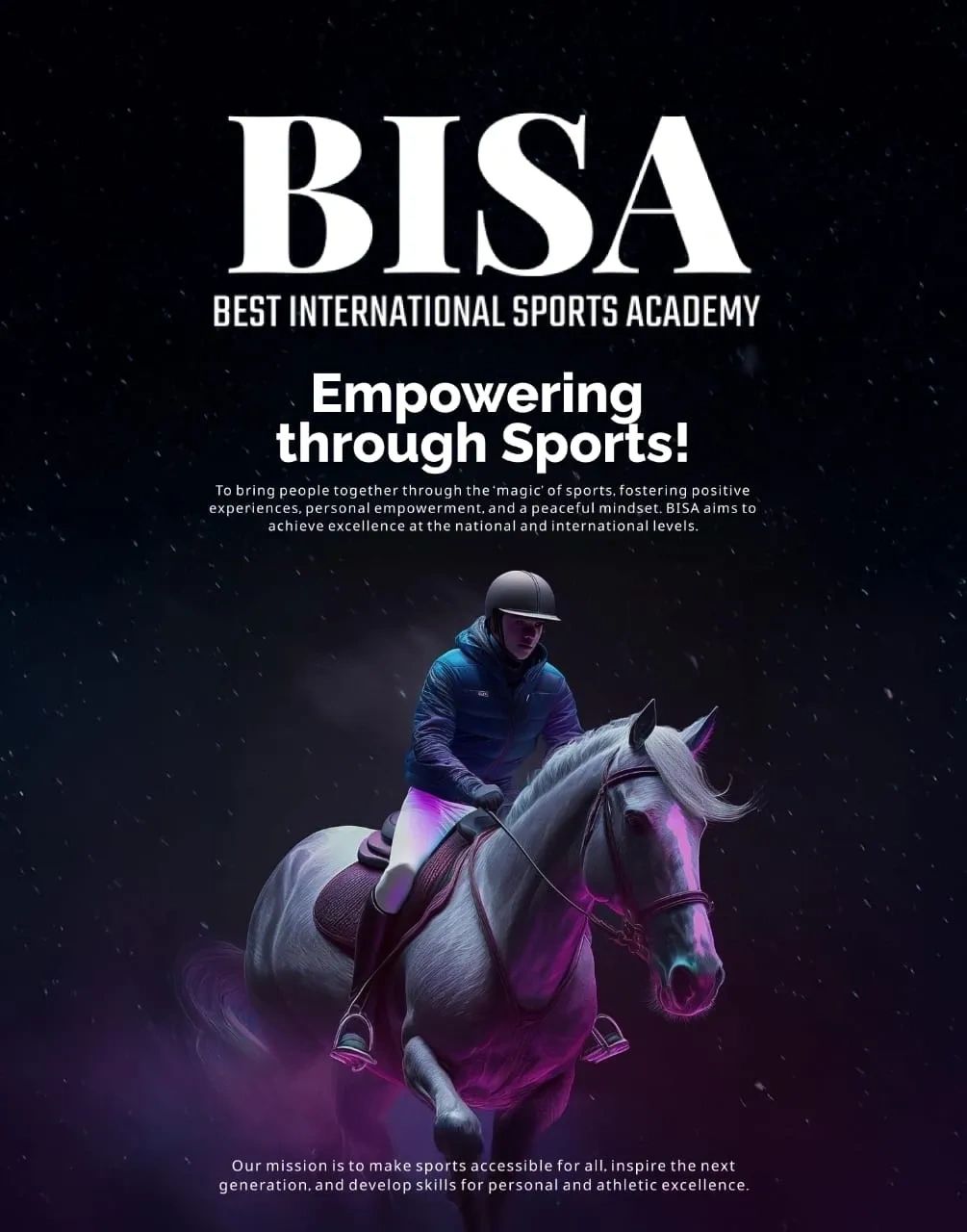 BISA promotes empowerment through sports, featuring a rider on a horse.