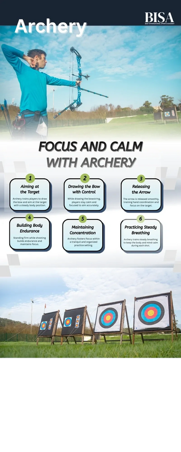 An archer aiming at a target with focus and calm outdoors at BISA.