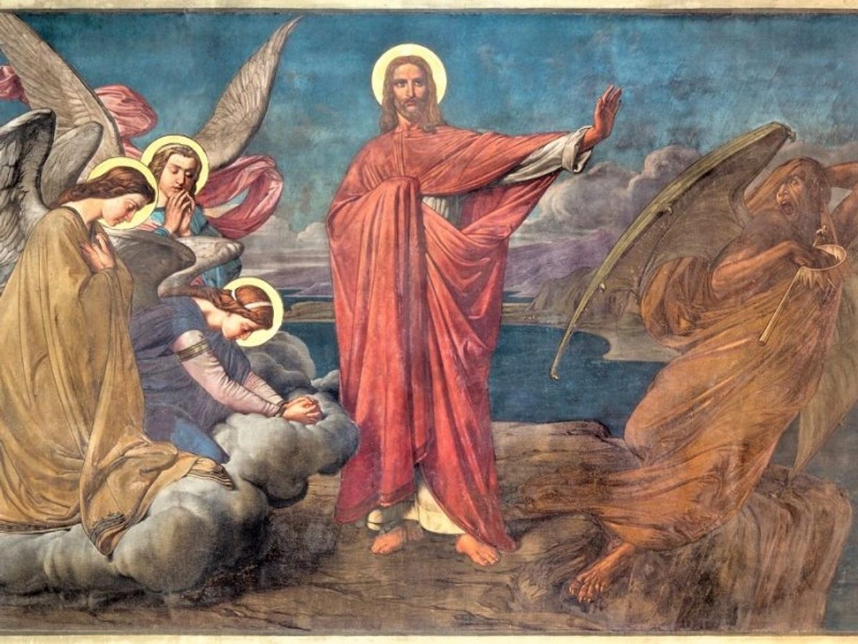 Pintura religiosa mostrando Jesus expulsando o diabo.