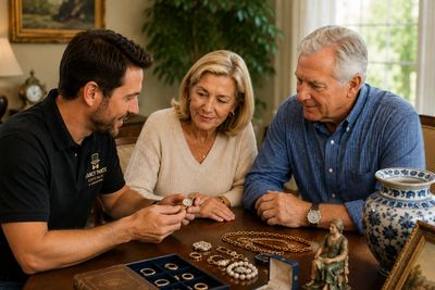 A man explains jewelry to a senior couple at a table.