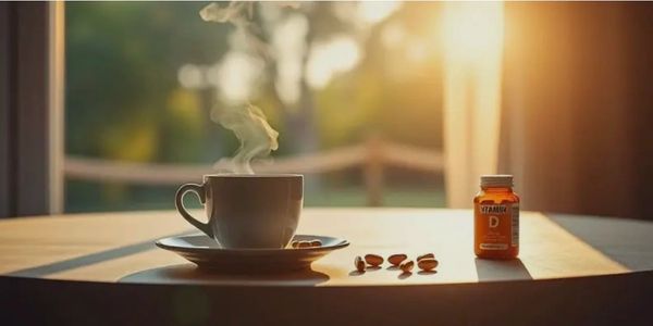 Steaming cup and vitamin D bottle on a sunlit table.