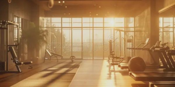 Sunlight fills a modern gym with various exercise equipment in the morning.