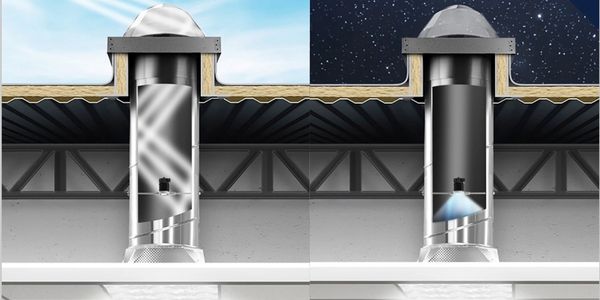 Two Solatube tubular daylighting units side by side showing the internal elements at work during the