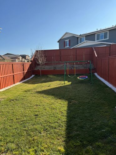 Sunny backyard with green grass and children's swing set.