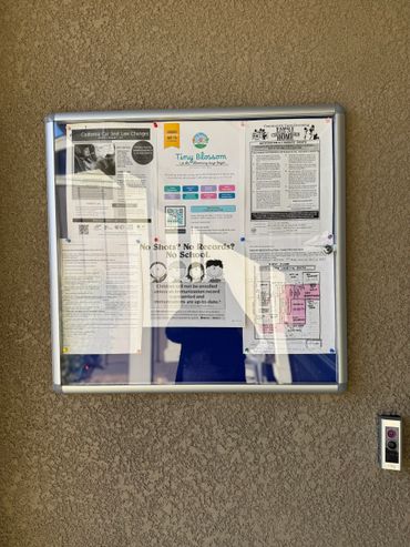 A bulletin board on a textured wall with various notices and a Ring doorbell beside it.