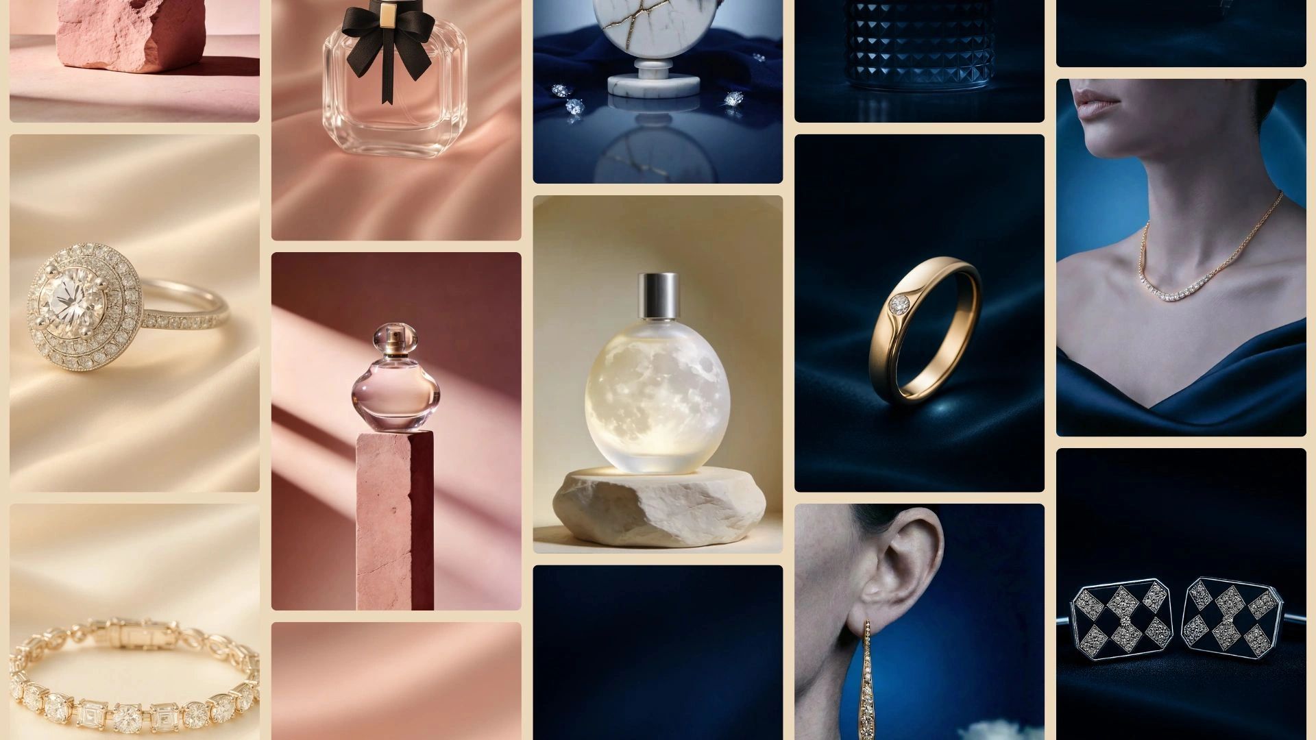 Luxury jewelry: diamond rings, gold necklaces, elegant earrings, and perfume bottles.