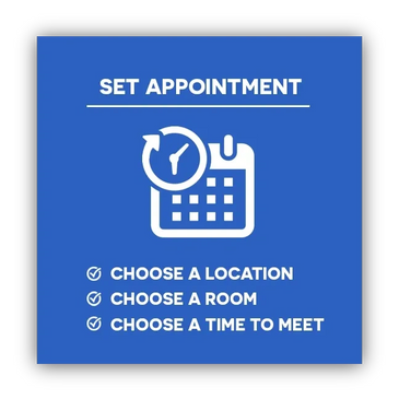 Graphic showing steps to set an appointment with location, room, and time options.