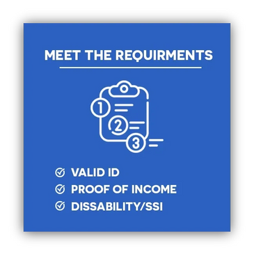 Checklist of requirements: valid ID, proof of income, and disability/SSI.