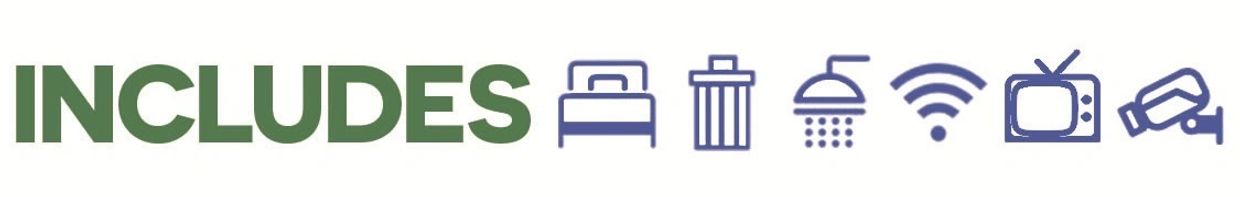Icons representing amenities included: bed, trash bin, shower, Wi-Fi, TV, and security camera.