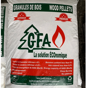 Granules de bois résineux wood pellets chauffage vendu à l'unité sac 40 lbs livres GFA La Sarre