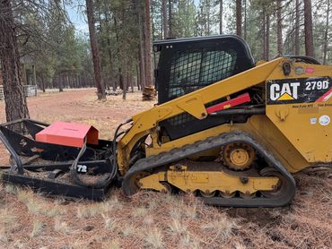 CAT 279D compact track loader parked in a pine forest clearing.