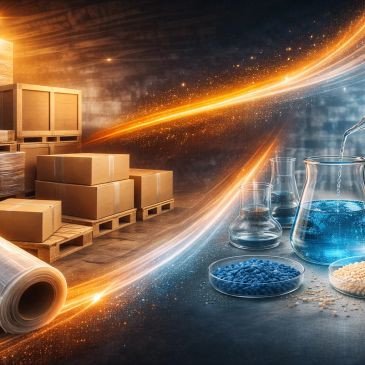 Warehouse with stacked boxes and scientific glassware with chemical substances.
