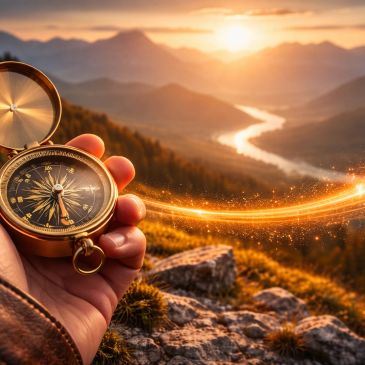 Hand holding a compass with a glowing path leading through a sunset mountain landscape.