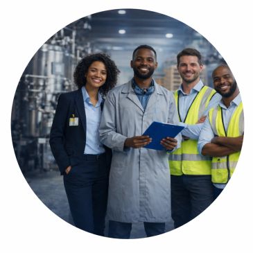 Diverse group of professionals smiling in an industrial setting.