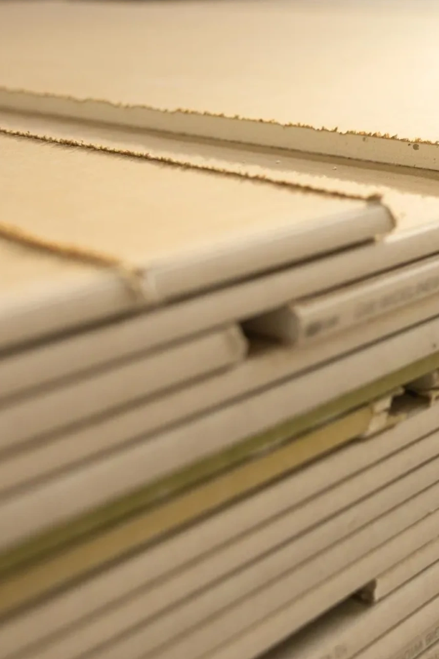 Stack of drywall sheets with rough edges in a workshop.
