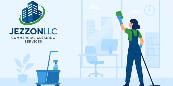 Illustration of a commercial cleaner cleaning a window in an office.