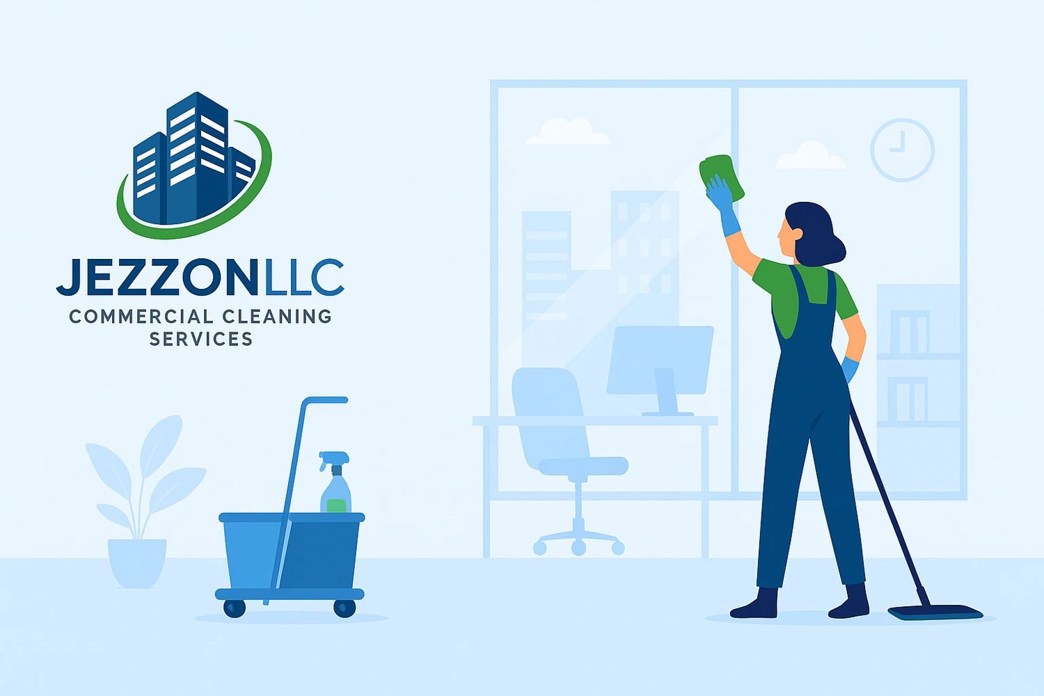 Illustration of a commercial cleaner cleaning a window in an office.