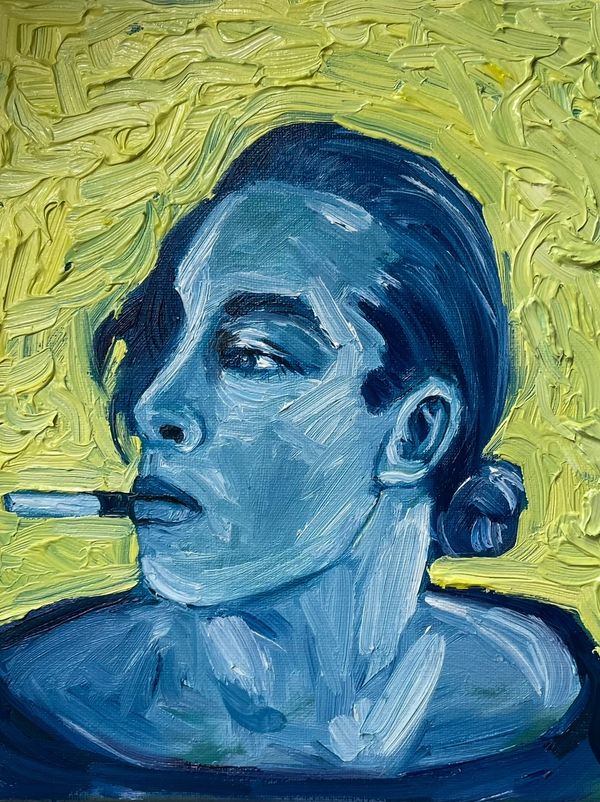 Blue-toned portrait of a person smoking against a textured yellow background.
