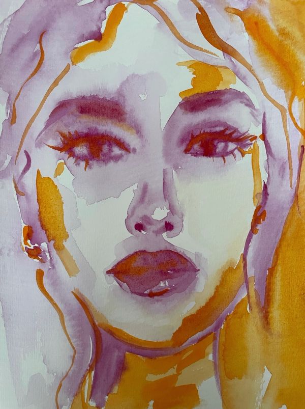 Abstract watercolor portrait of a woman with purple and orange hues.