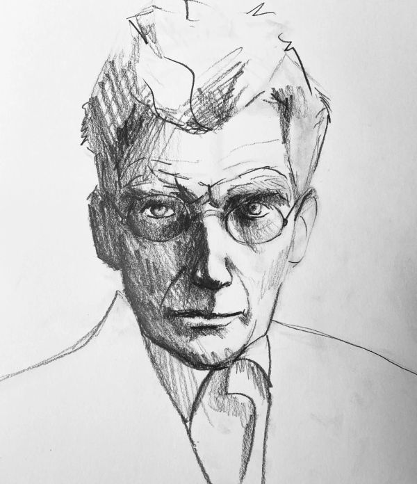 Charcoal sketch of a man with glasses.