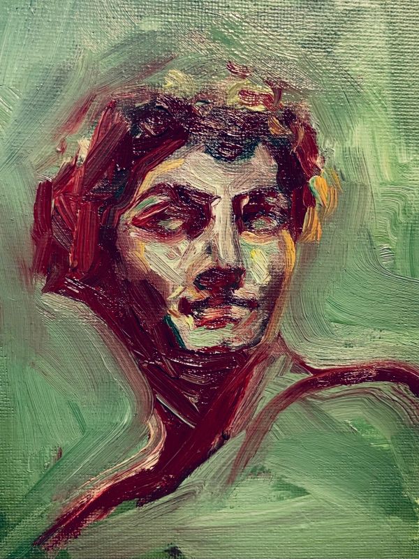 Abstract portrait with green and maroon tones.