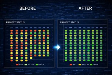 Infographic showing sample mock heatmap. RYG before the Diagnostic and after the Diagnostic.