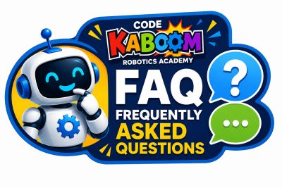 Colorful FAQ banner with a robot mascot for Code Kaboom Robotics Academy.