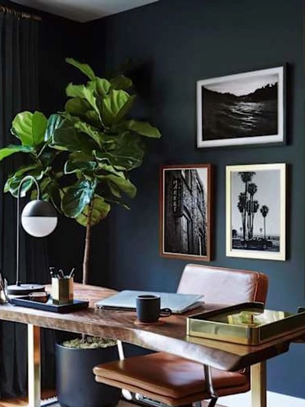 Modern workspace with wooden desk, leather chair, and green plant against dark wall.