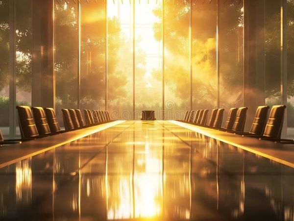 Sunlit, empty modern conference room with leather chairs and glass walls.