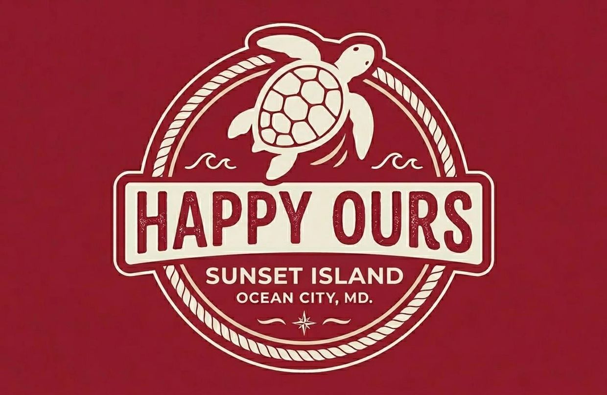 Happy Ours logo with a sea turtle and text Happy Ours, Sunset Island, Ocean City, MD. Sunset Island is committed to preserving the natural habitats throughout the community, including the turtles that nest annually.