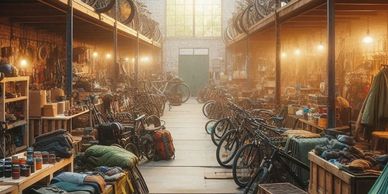 Warehouse with camp gear and bikes for sale.