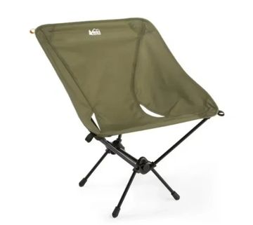 Olive green camp chair with black metal frame.