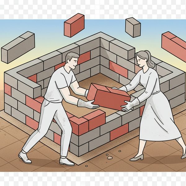 Two people building a brick wall together.