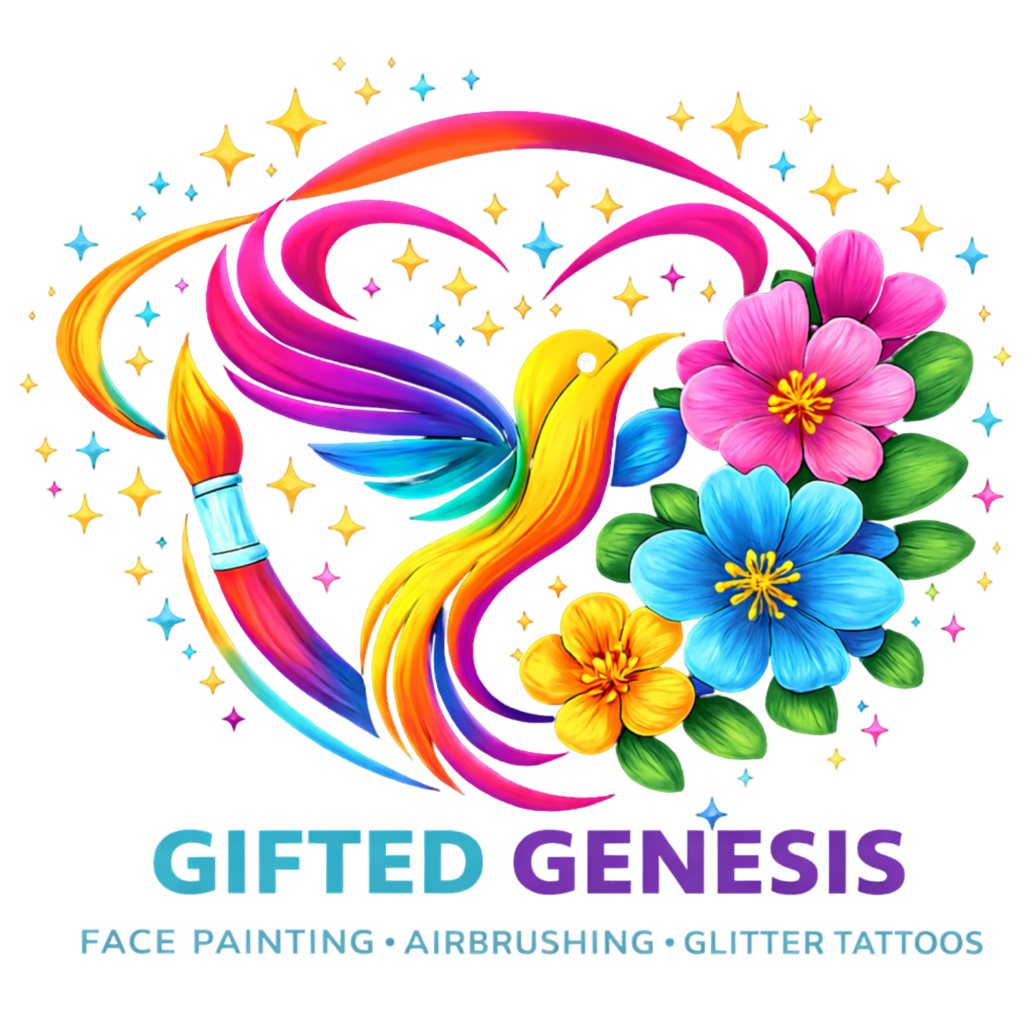Colorful logo featuring a hummingbird, flowers, and a paintbrush for Gifted Genesis.