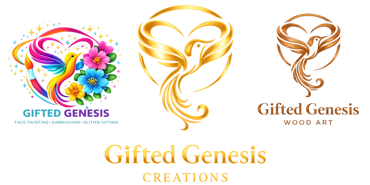 Three colorful and elegant logos of Gifted Genesis with bird and floral designs.