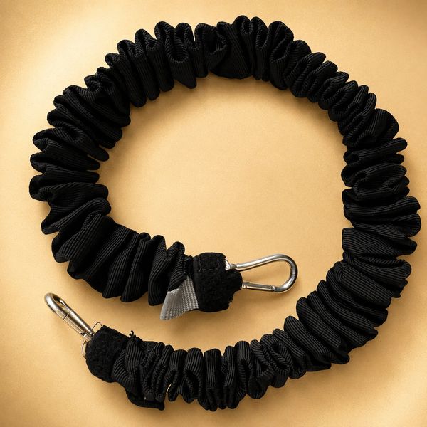Black coiled bungee cord with metal hooks at both ends.