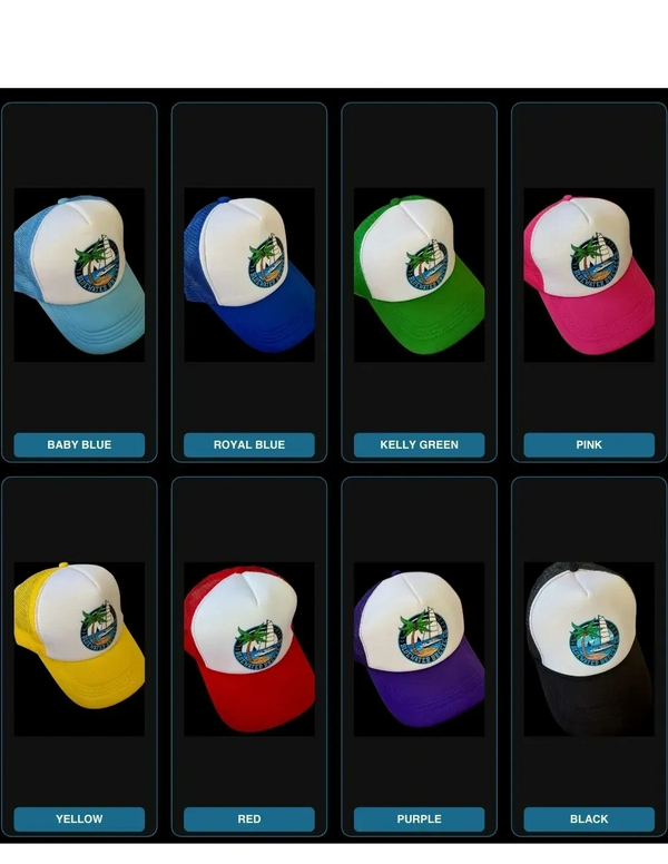 Selection of Trucker Hats in Baby Blue, Royal Blue, Kelly Green, Pink, Yellow, Red, Purple, Black
