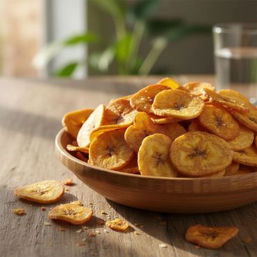 A bowl filled with crispy plantain chips on a wooden table.